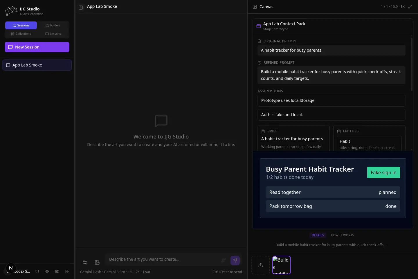 ij8 Studio App Lab context pack in AppShell with chat and canvas